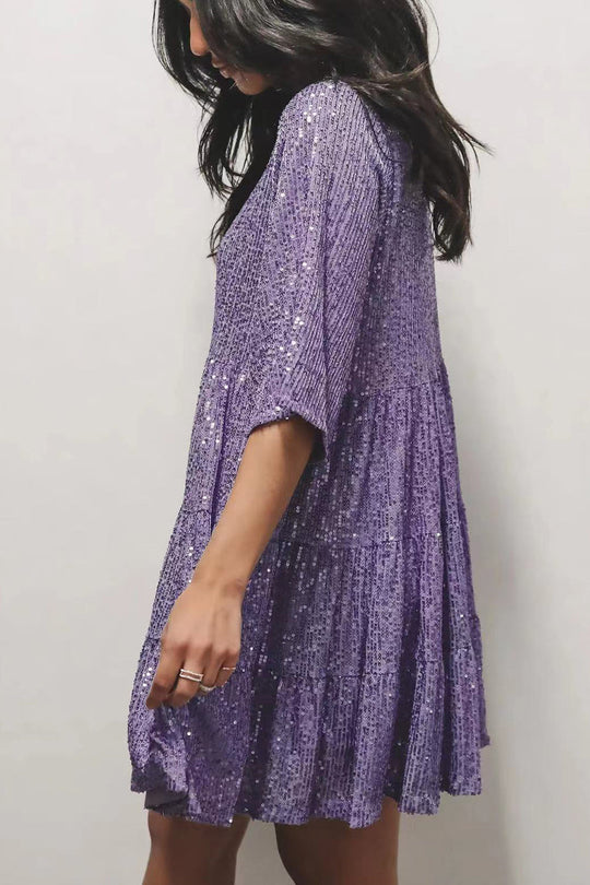 Heidi-Mode | Elegantes Einfarbiges Pailletten O-Ausschnitt Tüllrock Kurzarmkleid - 4 Farben