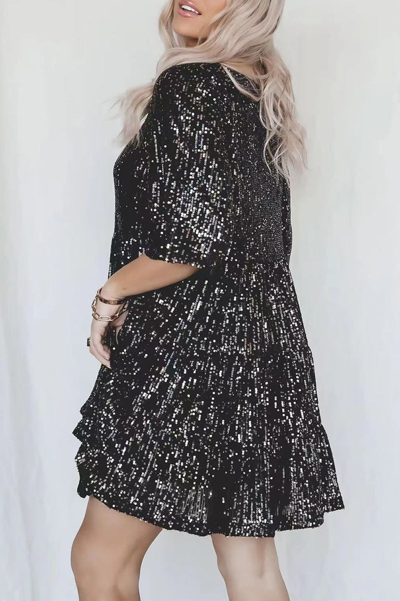 Heidi-Mode | Elegantes Einfarbiges Pailletten O-Ausschnitt Tüllrock Kurzarmkleid - 4 Farben