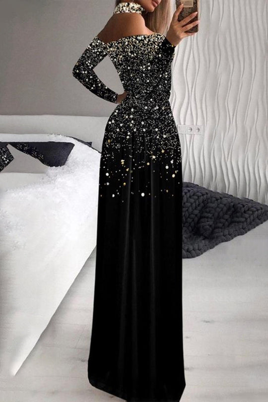 Heidi-Mode | Elegantes Formelles Druck Schlitz Pailletten Rollkragen Abendkleid Kleider - Muster Druck Ist Keine Pailletten