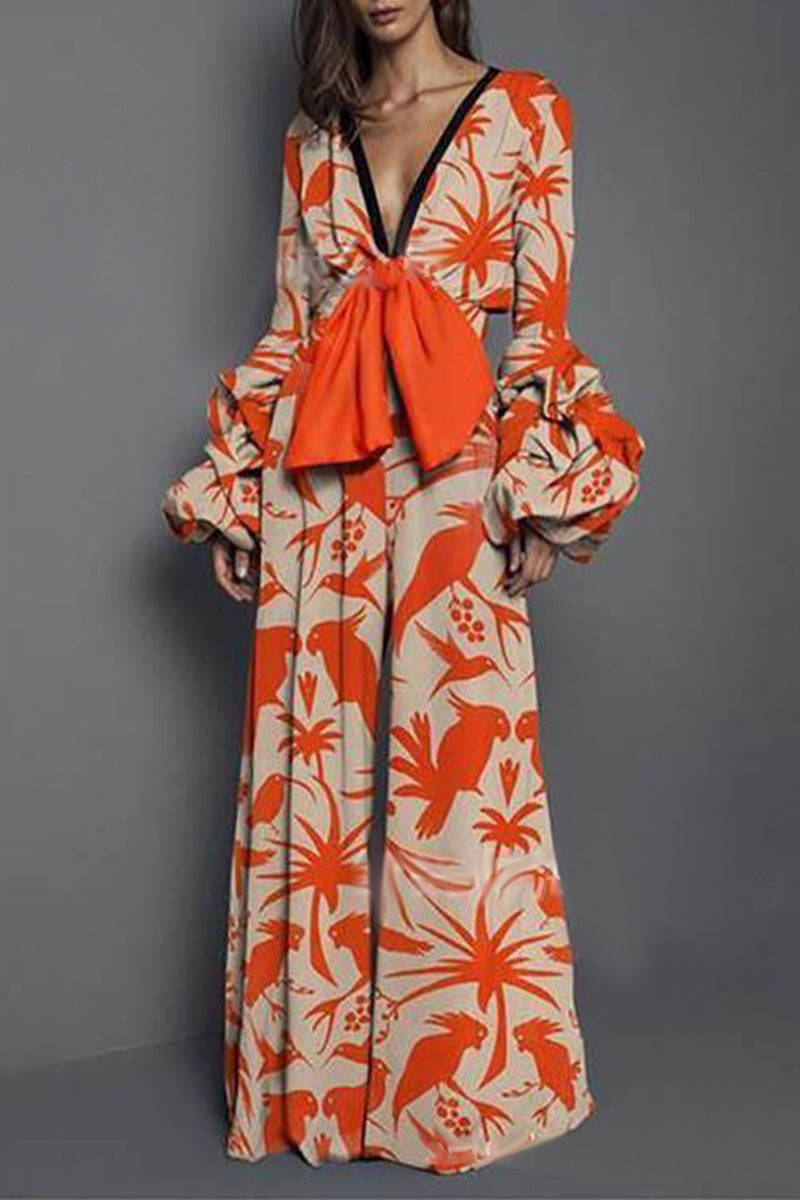 Heidi-Mode | Elegante Florale Frenulum V-Ausschnitt Lockere Jumpsuits