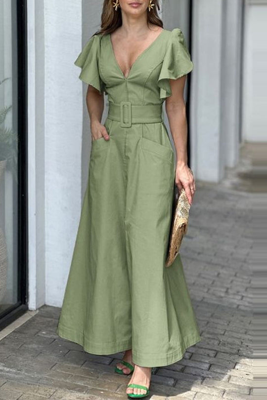 Heidi-Mode | Elegante Einfachheit Einfarbig Tasche V-Ausschnitt Kurzarm Kleider - 3 Farben