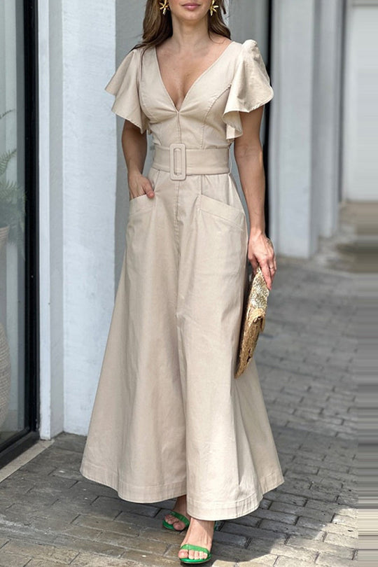 Heidi-Mode | Elegante Einfachheit Einfarbig Tasche V-Ausschnitt Kurzarm Kleider - 3 Farben