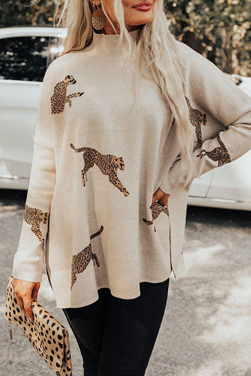 Heidi-Mode | Lässige Tier Schlitz Druck Rollkragen Tops- 4 Farben
