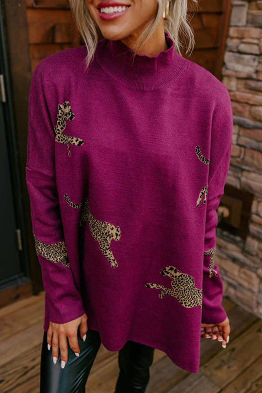Heidi-Mode | Lässige Tier Schlitz Druck Rollkragen Tops- 4 Farben