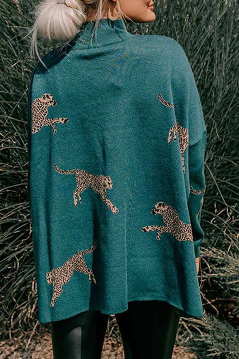 Heidi-Mode | Lässige Tier Schlitz Druck Rollkragen Tops- 4 Farben