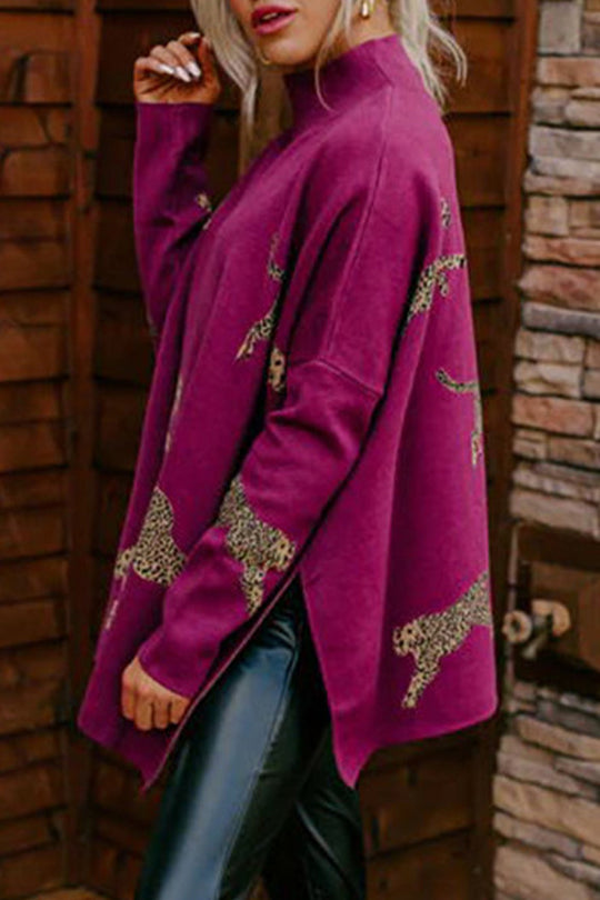 Heidi-Mode | Lässige Tier Schlitz Druck Rollkragen Tops- 4 Farben