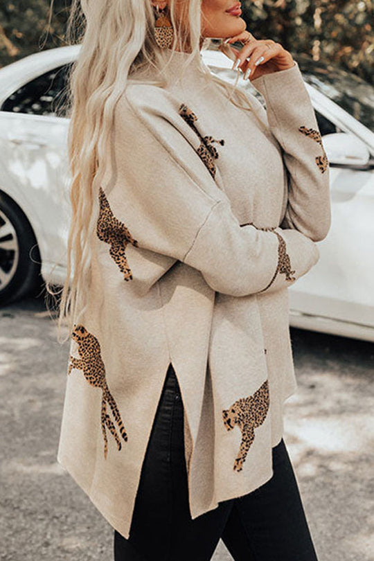 Heidi-Mode | Lässige Tier Schlitz Druck Rollkragen Tops- 4 Farben