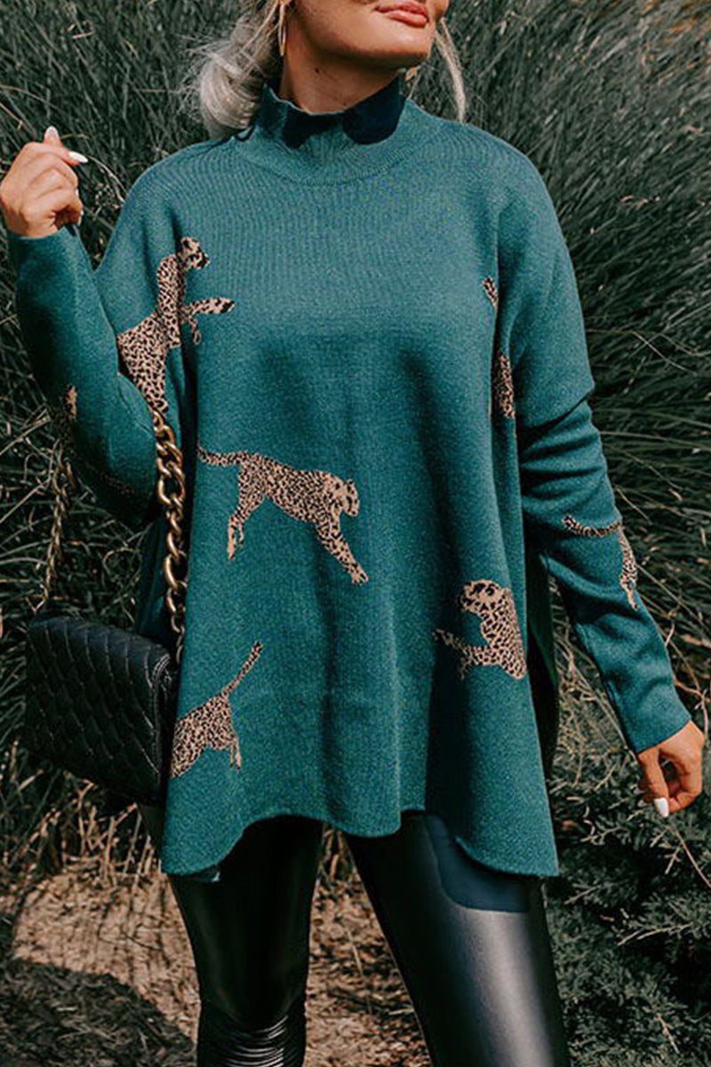 Heidi-Mode | Lässige Tier Schlitz Druck Rollkragen Tops- 4 Farben