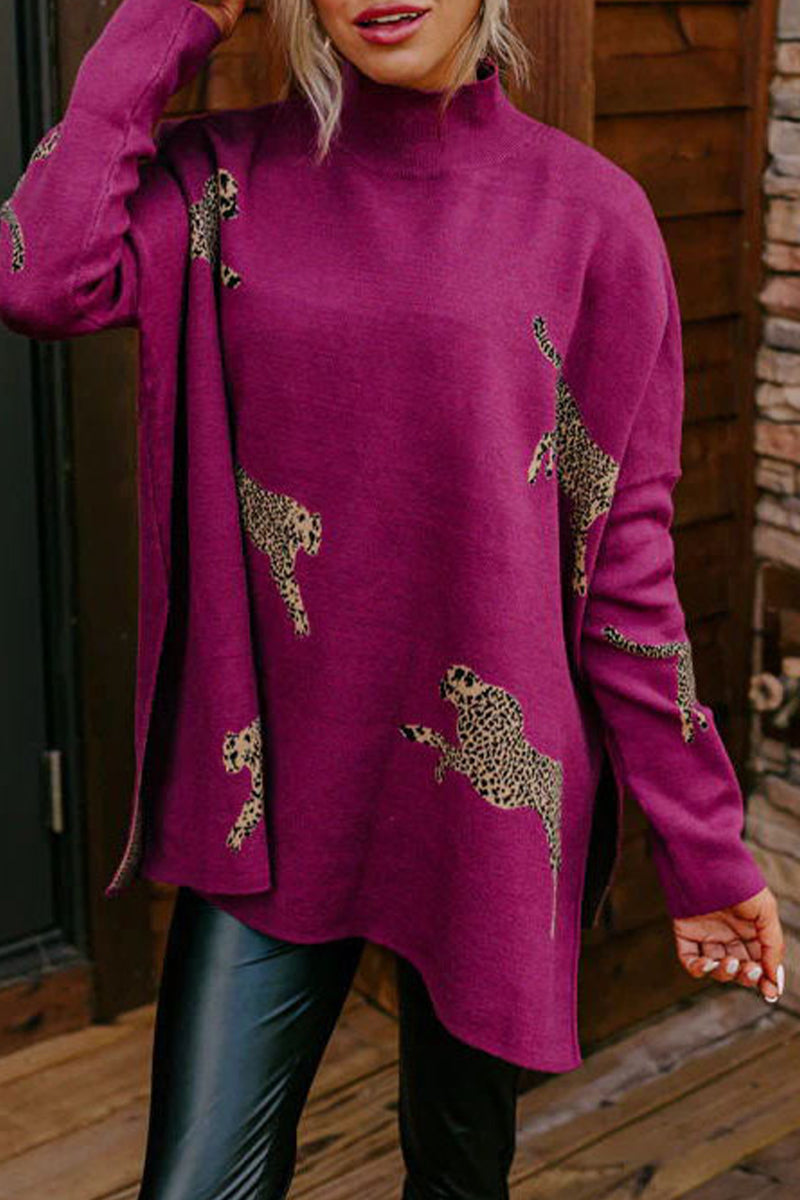 Heidi-Mode | Lässige Tier Schlitz Druck Rollkragen Tops- 4 Farben
