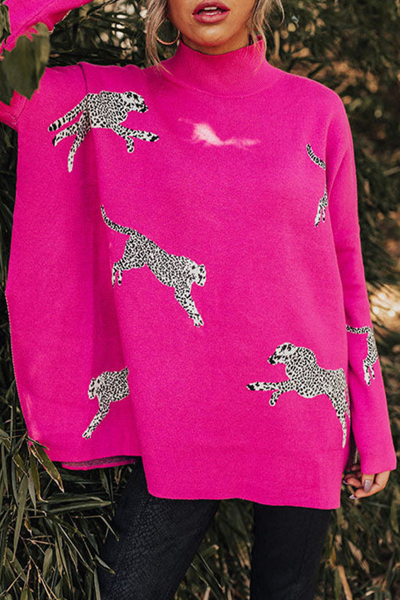 Heidi-Mode | Lässige Tier Schlitz Druck Rollkragen Tops- 4 Farben