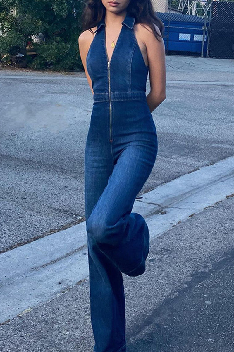 Heidi-Mode | Lässige Straßenfestes Einfarbiges Reißverschluss V-Ausschnitt Ärmelloses Regelmäßiges Jeans-Overall