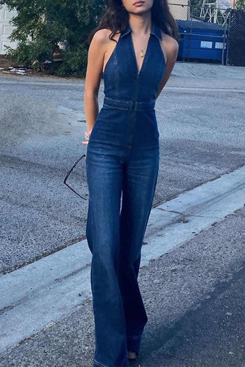 Heidi-Mode | Lässige Straßenfestes Einfarbiges Reißverschluss V-Ausschnitt Ärmelloses Regelmäßiges Jeans-Overall