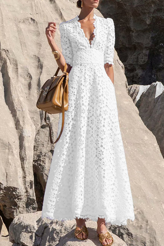 Heidi-Mode | Elegante Einfarbige Ausgehöhlte V-Ausschnitt Taillierte Rock Kurzarm Kleid