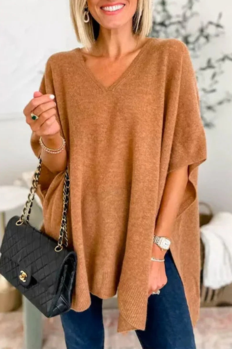 Heidi-Mode | Lässige Einfachheit Einfarbige Schlitz V-Ausschnitt Tops