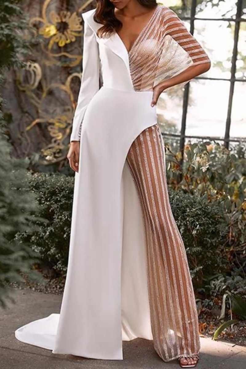 Heidi-Mode | Sexy Patchwork Durchsichtige Asymmetrische V-Ausschnitt Skinny Jumpsuits