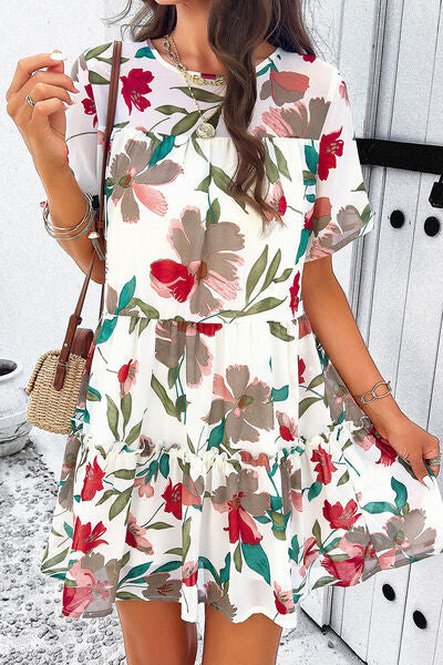 Heidi-Mode | Gedrucktes Gestuftes Rundhals-Minikleid