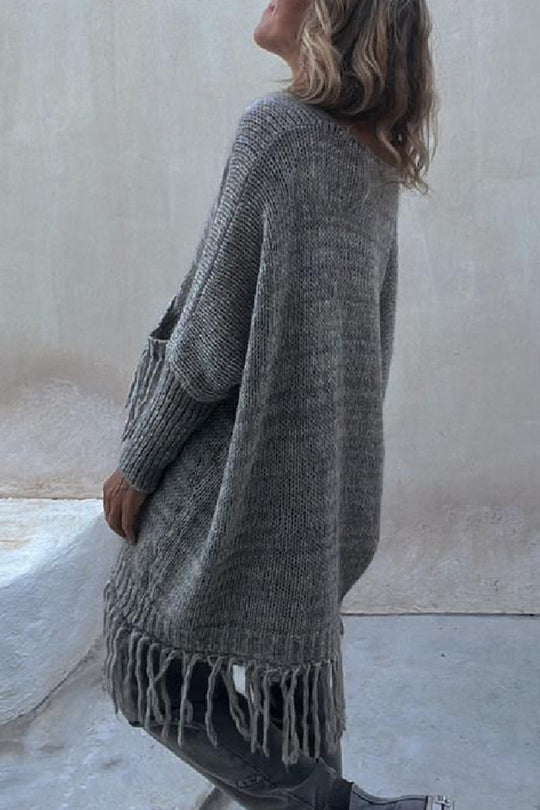 Heidi-Mode | Freizeit Einfarbige Quasten Taschenerstrick O-Hals Pullover - 3 Farben