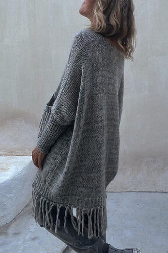 Heidi-Mode | Freizeit Einfarbige Quasten Taschenerstrick O-Hals Pullover - 3 Farben