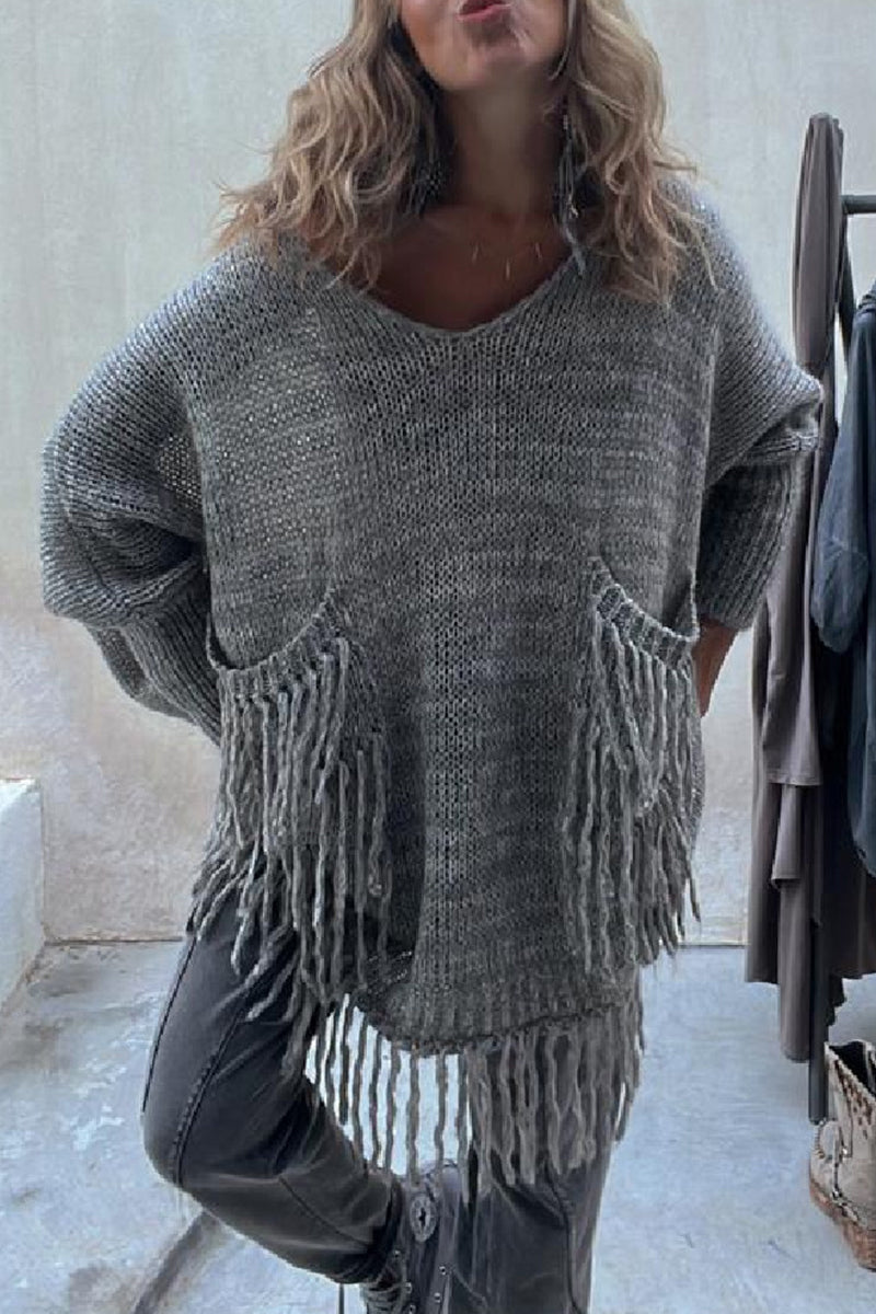 Heidi-Mode | Freizeit Einfarbige Quasten Taschenerstrick O-Hals Pullover - 3 Farben