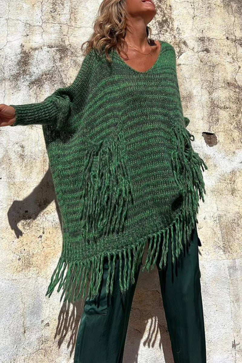 Heidi-Mode | Freizeit Einfarbige Quasten Taschenerstrick O-Hals Pullover - 3 Farben