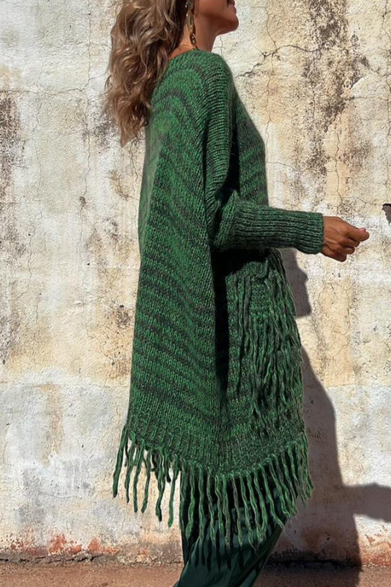 Heidi-Mode | Freizeit Einfarbige Quasten Taschenerstrick O-Hals Pullover - 3 Farben