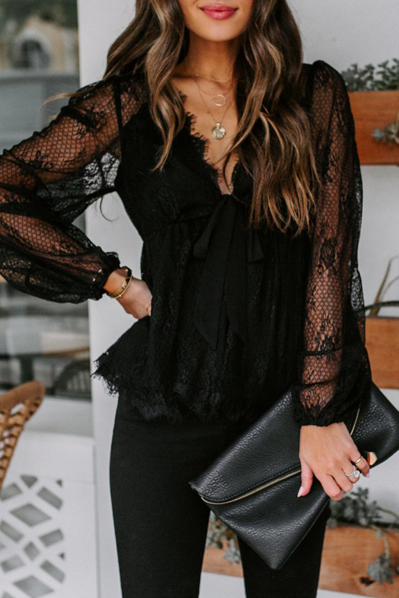 Heidi-Mode | Elegante Einfarbige Spitze mit Schleife V-Ausschnitt Tops