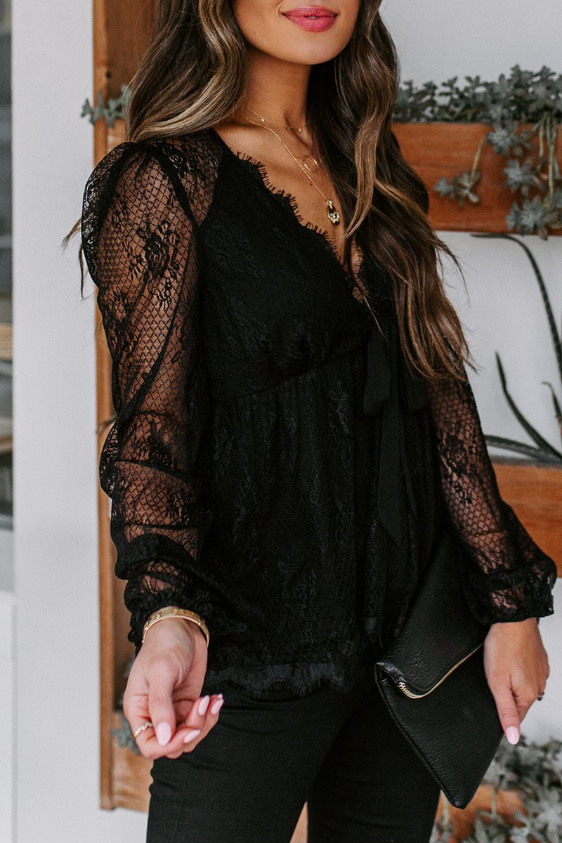 Heidi-Mode | Elegante Einfarbige Spitze mit Schleife V-Ausschnitt Tops