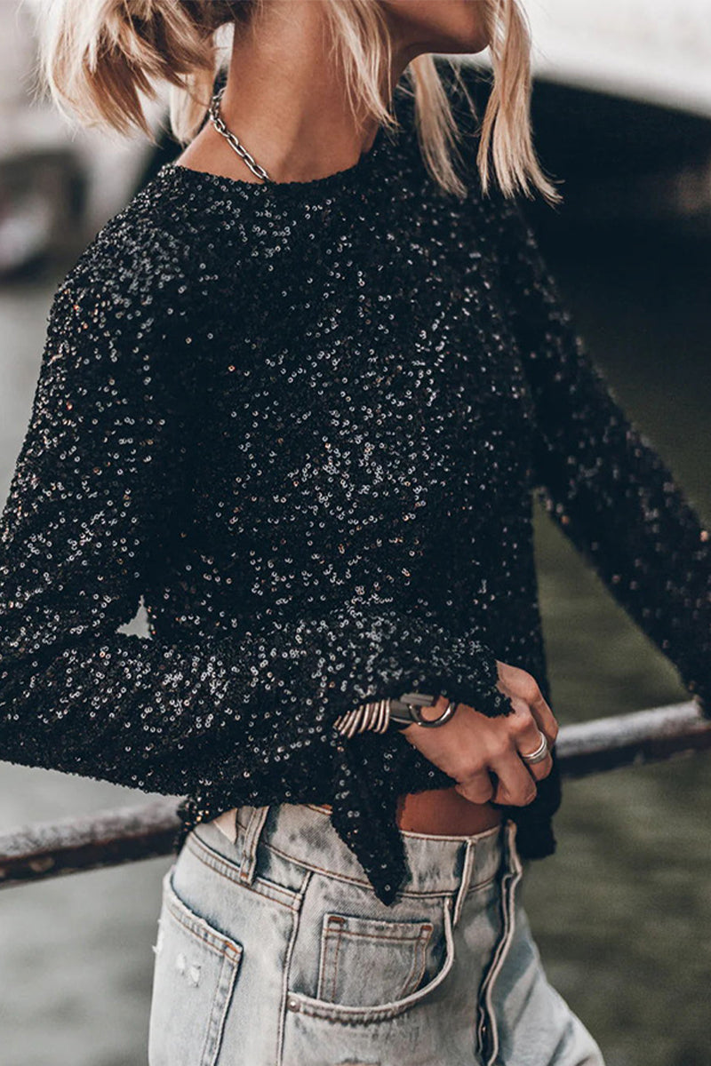 Heidi-Mode | Lässige Einfarbige Pailletten Pailletten Rundhals Tops