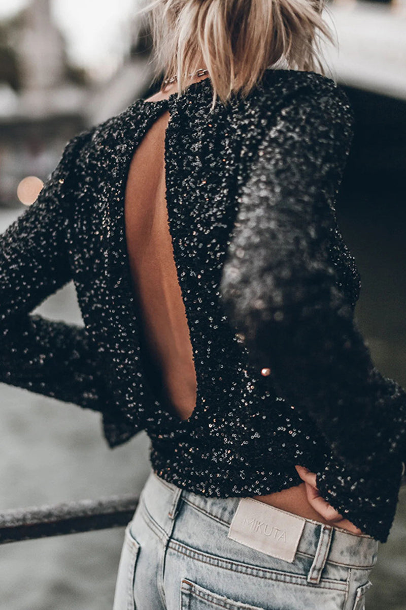 Heidi-Mode | Lässige einfarbige Pailletten Paillettenshirts mit O-Ausschnitt