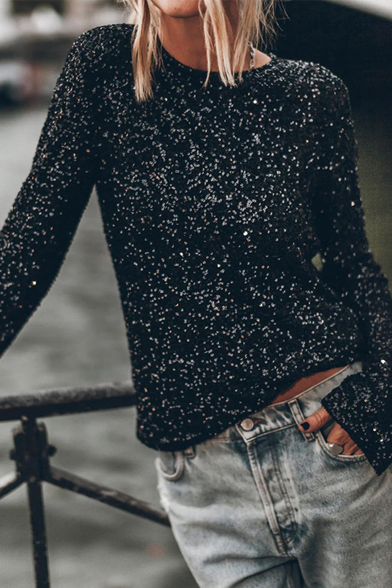 Heidi-Mode | Lässige einfarbige Pailletten Paillettenshirts mit O-Ausschnitt