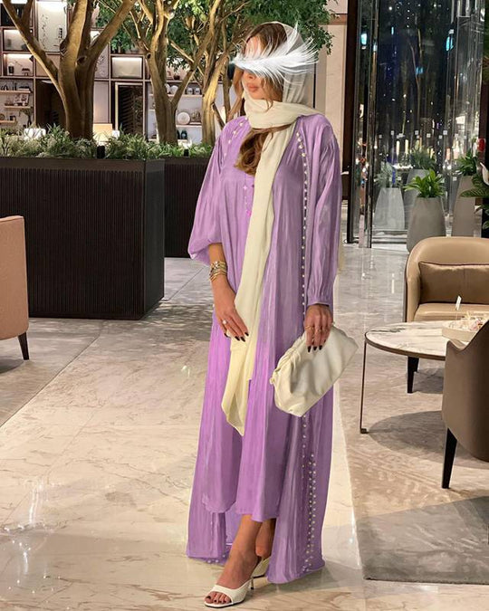 Heidi-Mode | 2 Teile Set Satin Perlen Muslimische Frauen Offene Abaya Kleid mit Innentop Ärmeloses Kleid