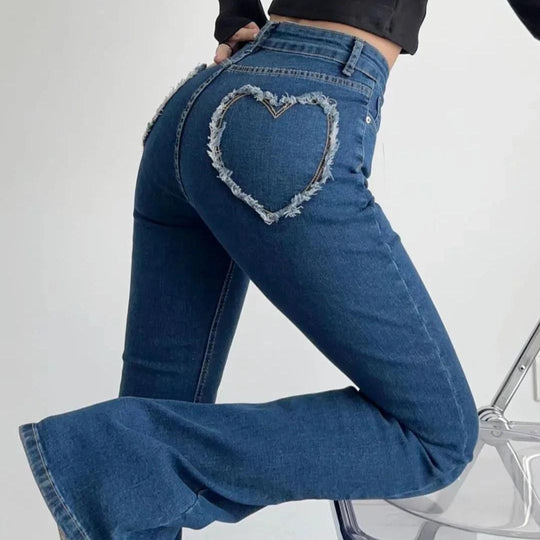 jeans met hoge taille en hartvormige franjes