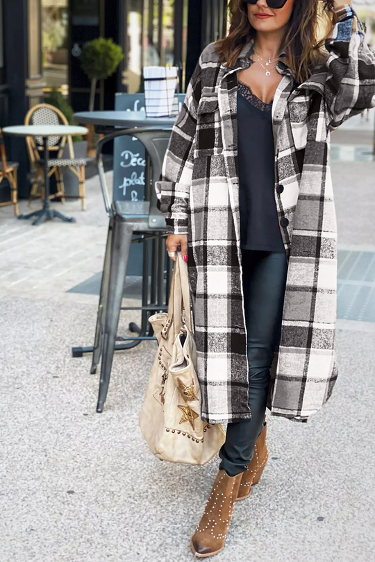 Heidi-Mode | Klappkragen Karoprint Wolle Lange Jacke