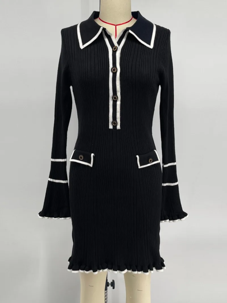Heidi-Mode | Kleid mit Polokragen und Dekorativen Taschen Gerippter Strick Damen