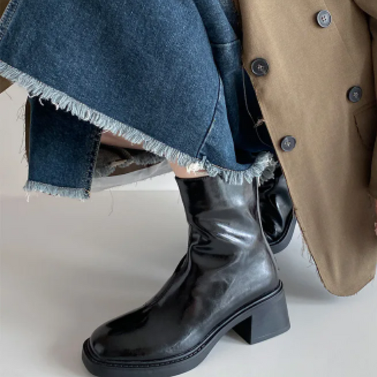 Heidi-Mode | Stilvolle Leder Ankle Boots mit Blockabsatz für Damen Damen Ankle Boots