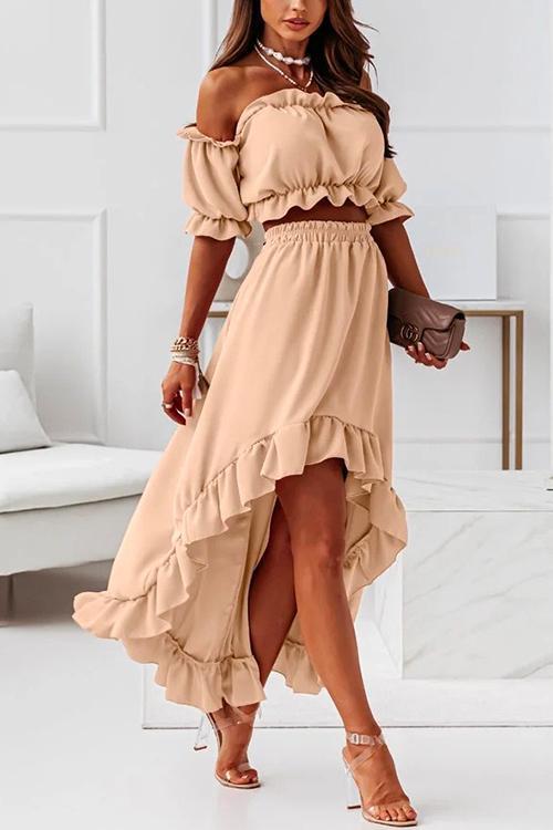 Heidi-Mode | Off Shoulder Crop Top Hohe Niedrige Kante Rock Volant Set