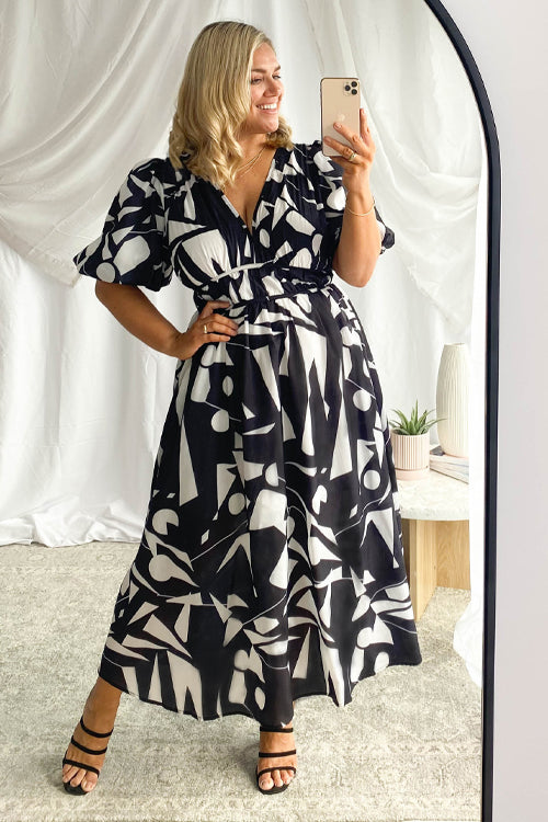 Heidi-Mode | Real Love Print Puffärmel Maxi Kleid