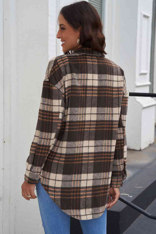 Heidi-Mode | Karo Kurviger Saum Fallende Schulter Langarmhemd Jacke