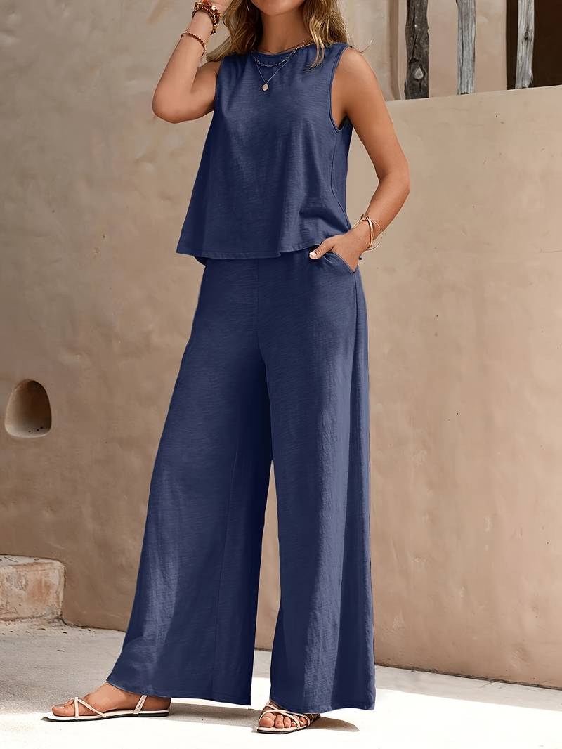 Heidi – elegantes set aus ärmellosem tanktop und hose mit weitem bein