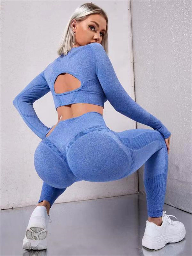 Heidi-Mode | 2-Teiliges Sportbekleidung-Set mit Langarm, Durchbrochendem Design und Hochtaillierten, Nahtlosen Fitness-Leggings