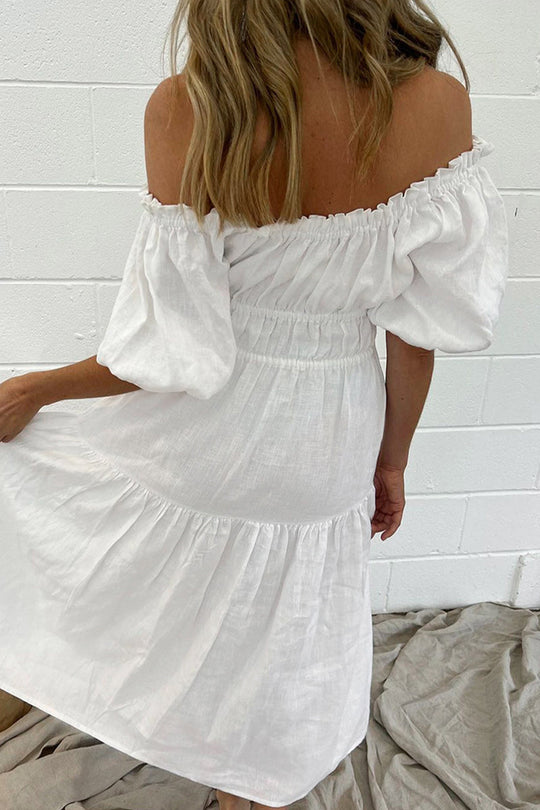 Heidi-Mode | Lässige Einfachheit Einfarbig Falten Ab Schulter A Linie Kurzarm Kleid