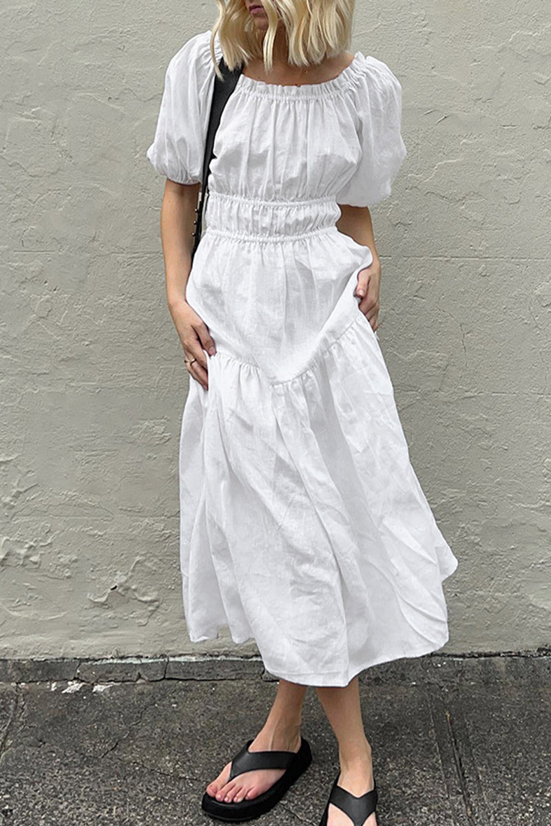 Heidi-Mode | Lässige Einfachheit Einfarbig Falten Ab Schulter A Linie Kurzarm Kleid