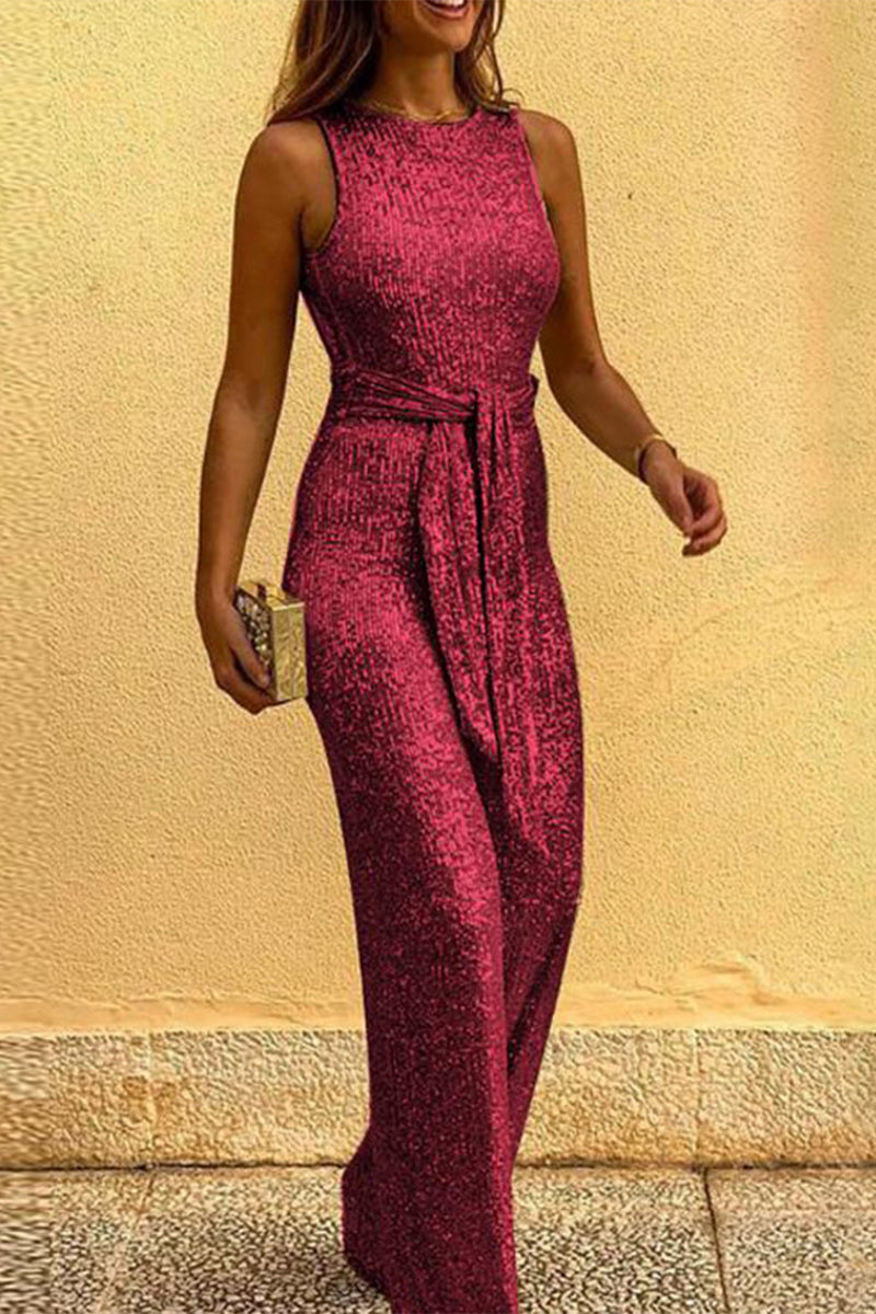 Heidi-Mode | Britischer Stil Elegante Einfarbige Pailletten Rückenfreies O-Neck Jumpsuits