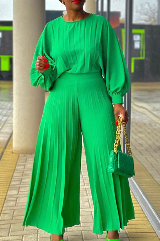 Heidi-Mode | Elegante Einfarbige Patchwork Falten O-Ausschnitt Plus Size Zwei Teile - 4 Farben