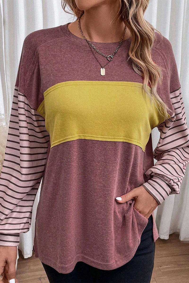 Heidi-Mode | Lässig Farbblock Kontrast O-Hals Tops - 5 Farben