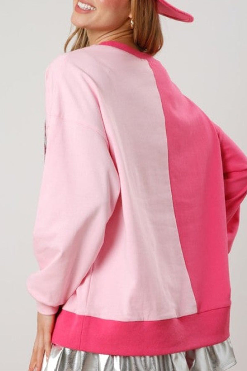 Heidi-Mode | Lässige Patchwork gestickte Pailletten Kontrast O-Ausschnitt Tops