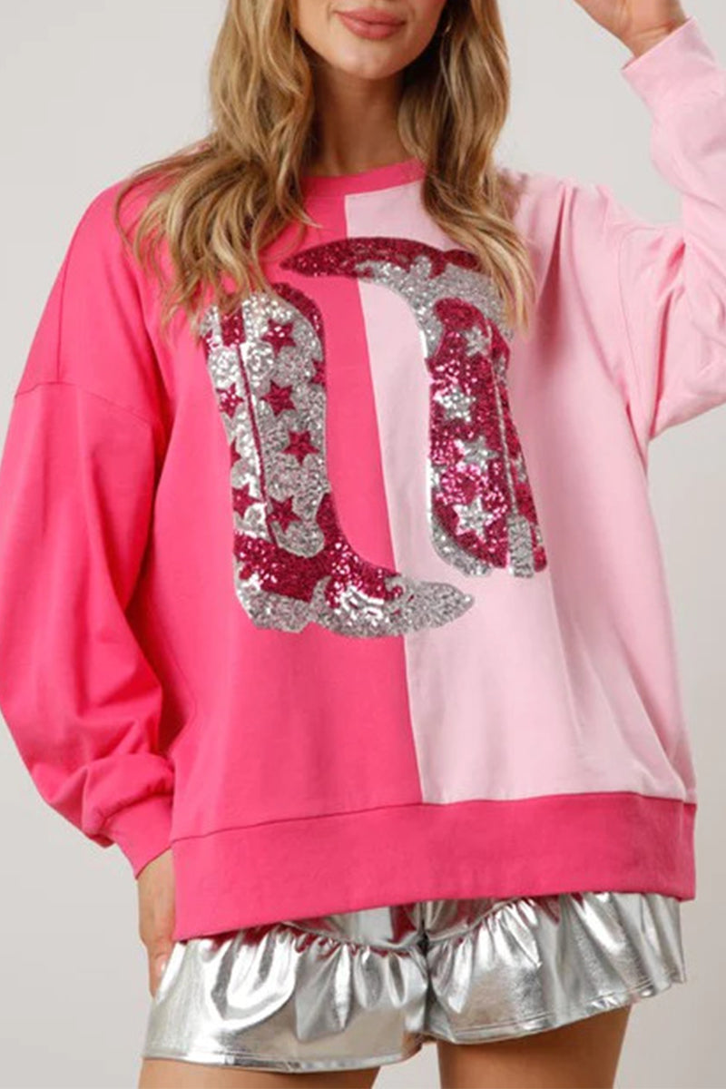 Heidi-Mode | Lässige Patchwork gestickte Pailletten Kontrast O-Ausschnitt Tops