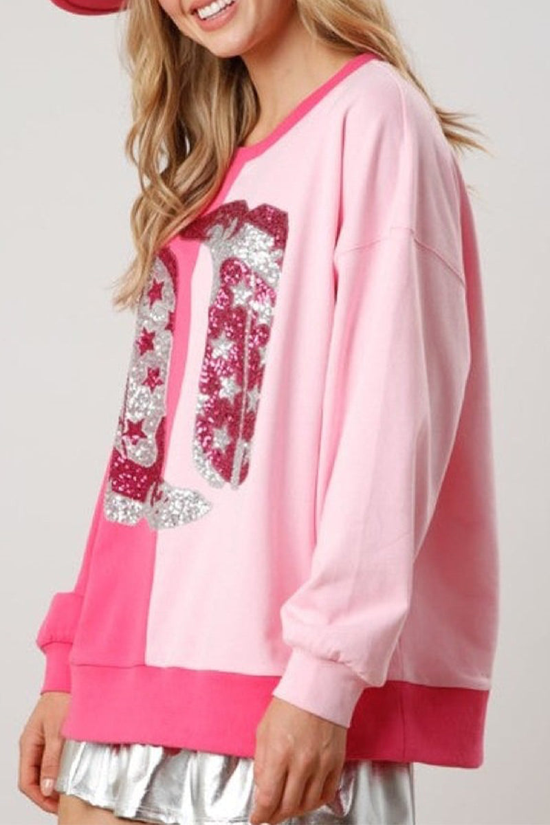 Heidi-Mode | Lässige Patchwork gestickte Pailletten Kontrast O-Ausschnitt Tops