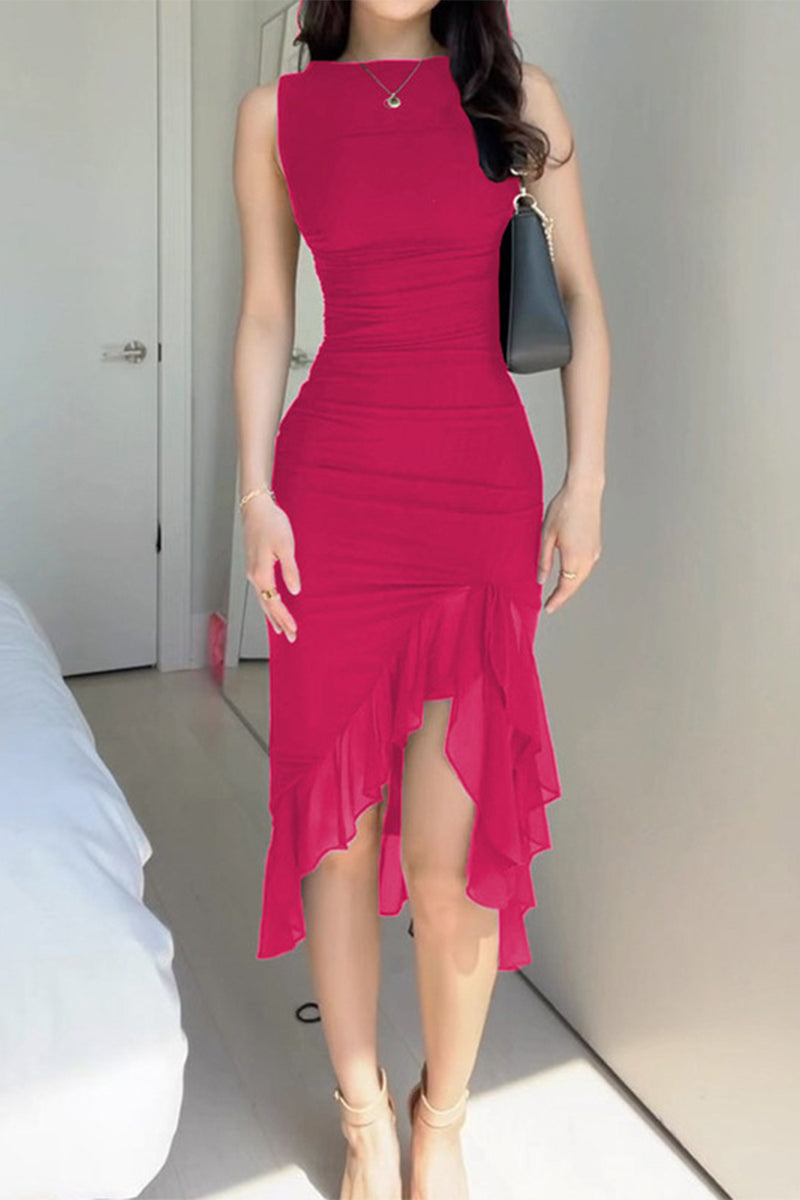 Heidi-Mode | Sexy Celebrities Einfarbige Faltige Asymmetrische O-Ausschnitt Unregelmäßiges Kleid Kleider