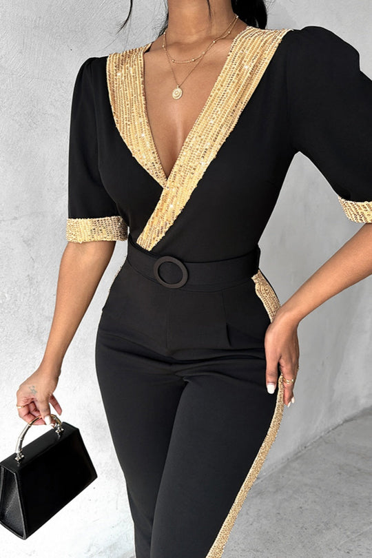 Heidi-Mode | Lässiger Patchwork Pailletten V-Ausschnitt Skinny Jumpsuits